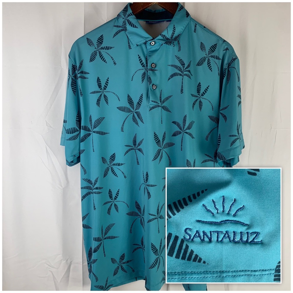 Devereux Polo Shirt Mens Large Teal Palm Tree Print Santaluz Golf‎ Short Sleeve
